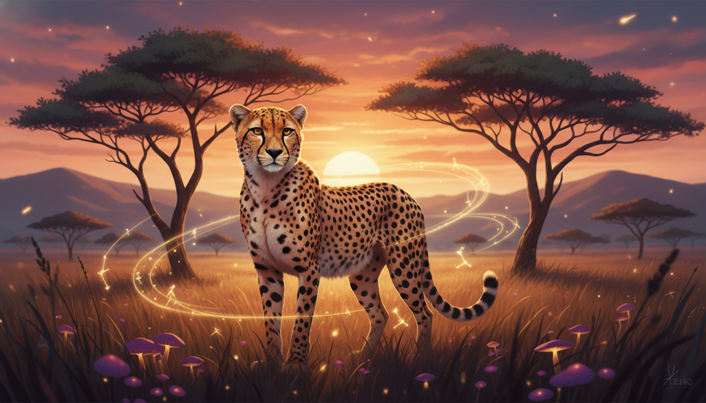 A majestic cheetah stands as a spiritual guardian in a vibrant, colorful savannah at dusk. In the foreground, the cheetah is poised gracefully, its sleek fur glistening with hints of gold and bronze under the fading sunlight. Its intense gaze radiates wisdom and agility, embodying the energy of Sagittarius. In the middle ground, acacia trees frame the scene, silhouetted against a rich palette of orange, pink, and purple skies, hinting at the cosmic connection to astrological themes. The background features distant hills, softly blurred to evoke a dreamlike quality. The lighting is warm and inviting, casting gentle shadows, creating a serene, mystical atmosphere that conveys a sense of freedom and spiritual connection.