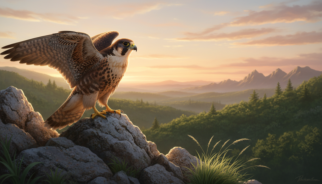 A majestic falcon perched atop a rocky outcrop, its wings slightly spread, showcasing intricate feather patterns and vibrant colors in the sunlight. The foreground features detailed textures of the rocky surface and soft grasses swaying in a gentle breeze. In the middle ground, a lush landscape spreads out with rolling hills and a serene sky, painted in warm hues of orange and pink, evoking a sunrise. The background reveals distant mountains silhouetted against the horizon, adding depth to the scene. The mood is one of strength and focus, reflecting the symbol of Aries. Soft, golden light casts highlights on the falcon, enhancing its powerful presence. The image captures the essence of the falcon as a spiritual totem, with a tranquil, yet intense atmosphere.