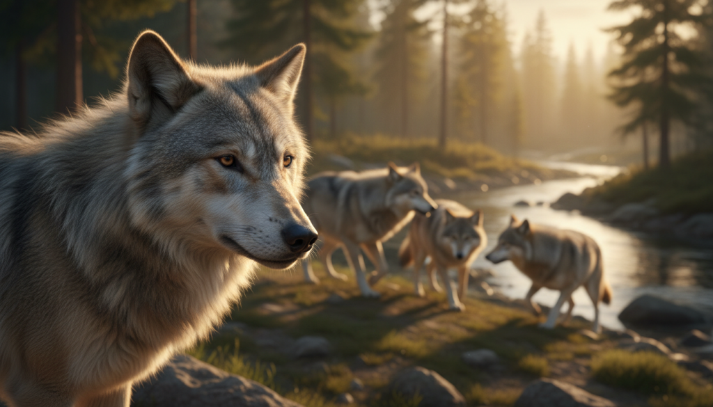 A majestic gray wolf stands prominently in the foreground, showcasing its thick, soft fur glistening under the warm, golden light of the setting sun. The wolf's eyes are sharp and alert, reflecting its intelligence and social nature, ideal for highlighting its pack-oriented behavior. In the middle ground, a close-knit group of wolves can be seen engaging in playful interaction, emphasizing their social dynamics and collective strength. The background features a serene forest landscape with tall pine trees and a gentle stream, enhancing the sense of tranquility and connection to nature. The atmosphere is peaceful, yet vibrant, capturing the essence of a harmonious animal community in their natural habitat. Use a soft focus lens to create a warm, inviting ambiance, drawing the viewer into this enchanting moment. A majestic gray wolf stands prominently in the foreground, showcasing its thick, soft fur glistening under the warm, golden light of the setting sun. The wolf's eyes are sharp and alert, reflecting its intelligence and social nature, ideal for highlighting its pack-oriented behavior. In the middle ground, a close-knit group of wolves can be seen engaging in playful interaction, emphasizing their social dynamics and collective strength. The background features a serene forest landscape with tall pine trees and a gentle stream, enhancing the sense of tranquility and connection to nature. The atmosphere is peaceful, yet vibrant, capturing the essence of a harmonious animal community in their natural habitat. Use a soft focus lens to create a warm, inviting ambiance, drawing the viewer into this enchanting moment.