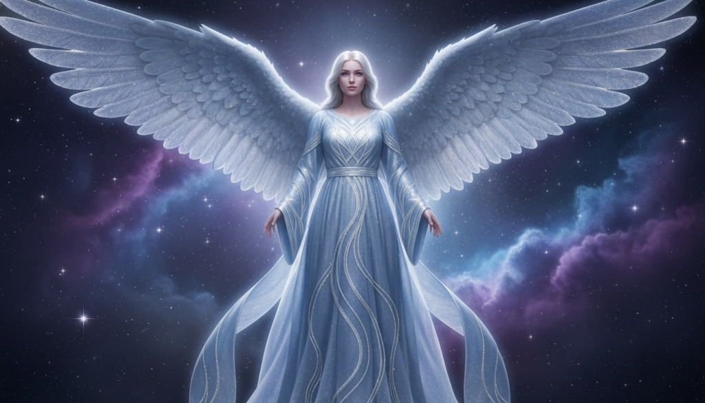 A majestic guardian angel representing the protector of Gemini, adorned in celestial robes of light blue and silver, with intricate patterns symbolizing the duality of the Gemini constellation. In the foreground, the arcangel stands tall, wings spread wide, radiating an ethereal glow. The middle ground features a backdrop of cosmic star fields, softly blending into a dreamy nebula with shades of violet and azure. The deep space is illuminated by distant stars, creating a serene, mystical atmosphere. Lighting is soft and diffuse, highlighting the angel's serene expression and benevolent gaze. The scene captures a sense of guidance and protection, evoking tranquility and wisdom, inviting viewers to connect with the divine essence of their celestial protector.