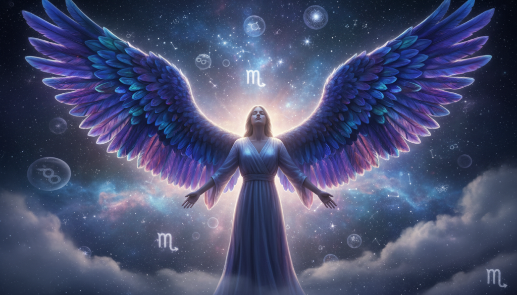 A majestic guardian angel representing the protector of Scorpio, depicted in a vibrant, ethereal manner. In the foreground, the angel stands gracefully with outstretched wings, showcasing intricate feather details shimmering in shades of deep blue and purple, symbolizing the water sign. In the middle ground, a cosmic background glimmers with stars and celestial spheres, capturing the mystique of Scorpio's connection to the universe. Soft, radiant light emanates from the angel, creating a serene and protective aura. The scene is framed with gentle clouds, lending a dreamlike quality. The lighting is soft and diffused, with a focal point on the angel, captured from a slightly low angle to emphasize divinity and strength, generating an atmosphere of calmness and guidance.