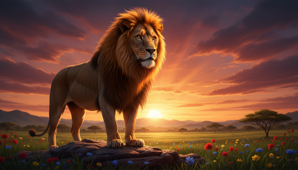 A majestic lion stands proudly on a rocky outcrop, symbolizing strength and leadership. Its golden mane glows under the warm sunlight, highlighting the intricate details of its fur and the fierce determination in its amber eyes. In the foreground, the lion is framed by lush, green grass and vibrant wildflowers, emphasizing its regal presence. The middle ground features a serene savanna landscape with gentle rolling hills, while the background showcases a breathtaking sunset, casting a warm orange and purple hue across the sky. The atmosphere exudes confidence and power, inviting viewers to feel the essence of a natural leader. The image is captured with a slight low-angle perspective to enhance the lion's imposing stature, creating a sense of grandeur and inspiration.