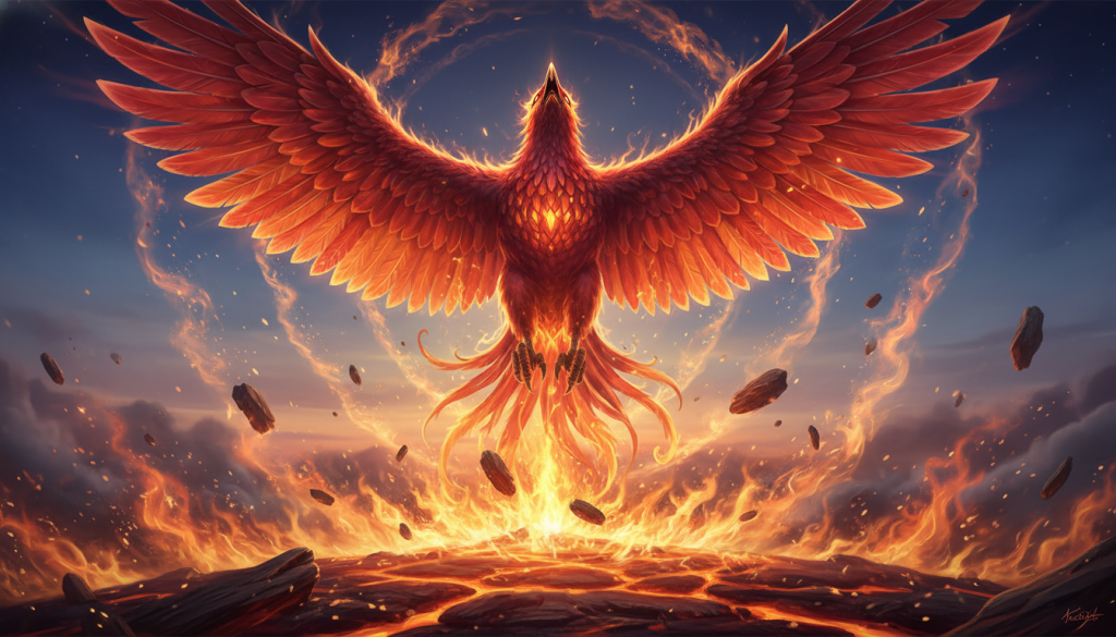 A majestic phoenix rising from a bed of fiery flames, showcasing vibrant plumage of red, orange, and gold with intricate feather details that shimmer in the light. In the foreground, the phoenix spreads its wings wide, capturing the essence of transformation and rebirth. The middle ground features swirling embers and glowing ashes, symbolizing the process of renewal, while the background displays a darkened sky gradually lightening to dawn, hinting at hope and new beginnings. Soft, ethereal light emanates from the phoenix, casting a warm glow onto the surrounding environment. The overall atmosphere conveys a powerful sense of resilience, strength, and profound transformation. The composition is shot at a dynamic angle that emphasizes the phoenix’s upward trajectory. A majestic phoenix rising from a bed of fiery flames, showcasing vibrant plumage of red, orange, and gold with intricate feather details that shimmer in the light. In the foreground, the phoenix spreads its wings wide, capturing the essence of transformation and rebirth. The middle ground features swirling embers and glowing ashes, symbolizing the process of renewal, while the background displays a darkened sky gradually lightening to dawn, hinting at hope and new beginnings. Soft, ethereal light emanates from the phoenix, casting a warm glow onto the surrounding environment. The overall atmosphere conveys a powerful sense of resilience, strength, and profound transformation. The composition is shot at a dynamic angle that emphasizes the phoenix’s upward trajectory.