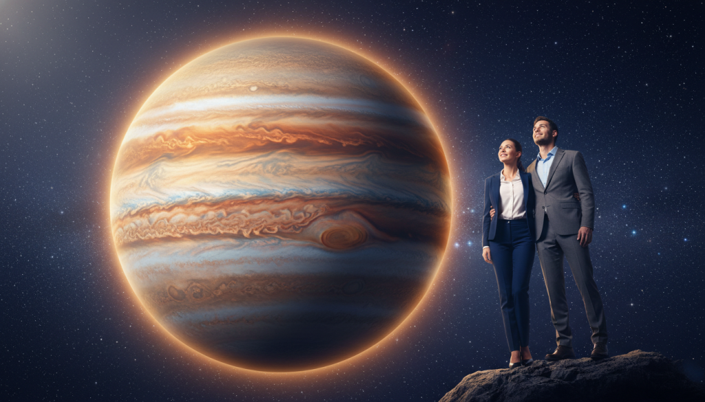 A majestic representation of Jupiter, the planet of abundance, dominates the foreground, showcasing its vibrant bands of orange, brown, and subtle hints of blue, surrounded by a shimmering halo of golden light. In the middle ground, a serene couple stands side by side, dressed in professional attire, gazing at Jupiter with expressions of hope and optimism. The background features a starry night sky filled with twinkling stars, creating a mesmerizing backdrop that suggests unlimited potential and shared dreams. The scene is bathed in soft, ethereal lighting, highlighting the couple while the planet radiates warmth and abundance. The angle is a low view, emphasizing the grandeur of both the planet and the couple, evoking a mood of cosmic harmony and financial prosperity in partnership.