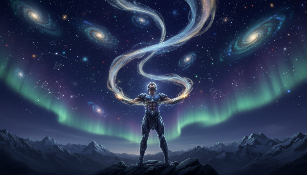 A majestic scene depicting the myth of Orion, with an ethereal rebirth theme. In the foreground, a powerful figure symbolizing Orion stands tall, adorned in celestial armor, gazing upwards with determination. In the middle ground, a resplendent night sky filled with vibrant stars and constellations casts a dreamlike glow. Wisps of ethereal light swirl around Orion, representing the energy of renewal and transformation. The background showcases distant mountains under a soft aurora, emphasizing a sense of depth and mystery. The lighting is ethereal, with a soft, luminous quality illuminating the scene, creating an atmosphere of hope and healing. The angle captures the grandeur of the sky while focusing on Orion, inspiring a sense of resilience and deep emotional healing.