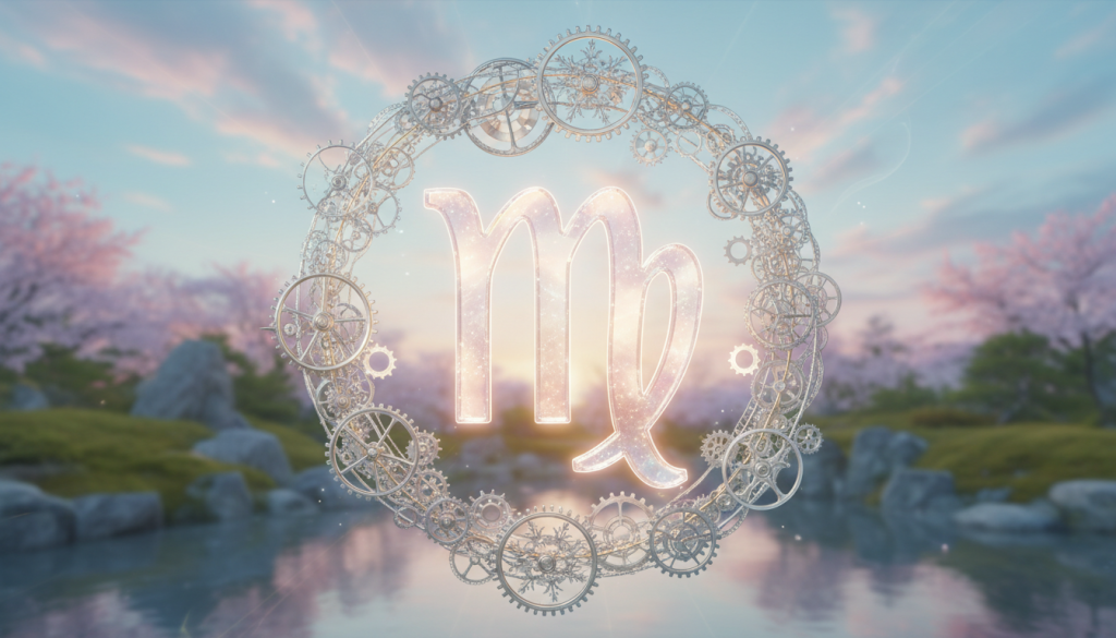 A meticulously crafted depiction of a Virgo symbol representing perfectionism, centrally located in the foreground, gleaming with a celestial glow. The symbol is surrounded by an intricate arrangement of delicate gear-like patterns, symbolizing structure and order. In the middle ground, soft pastel colors blend harmoniously, evoking a sense of calm, with hints of ethereal light shining through, enhancing the mood of introspection and emotional depth. The background features a blurred landscape of serene nature, perhaps a tranquil garden at dawn, symbolizing stability and growth. The overall lighting is soft and diffused, akin to early morning light, instilling a sense of peace and focus. The image should evoke a contemplative, balanced atmosphere, illustrating the duality of perfectionism's influence on relationships.