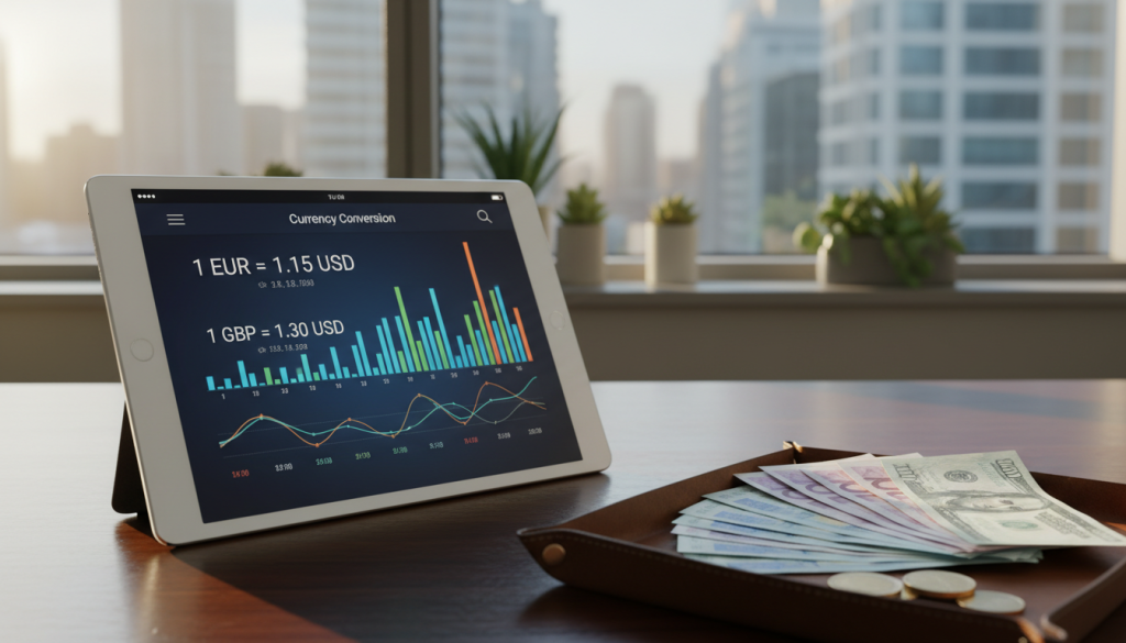 A modern currency converter interface displayed on a sleek tablet, resting on a polished wooden desk. In the foreground, the tablet shows vibrant graphs and exchange rates, illuminated by a soft, natural light coming from a nearby window. The middle ground features a stack of international currencies, such as British pounds, euros, and dollars, neatly arranged, symbolizing financial management. The background includes a blurred city skyline, hinting at global finance, with hints of greenery from potted plants to evoke a sense of calm and order. The atmosphere is professional and inviting, suggesting a blend of high-tech finance and personal empowerment, with an emphasis on clarity and organization in managing one's international finances.