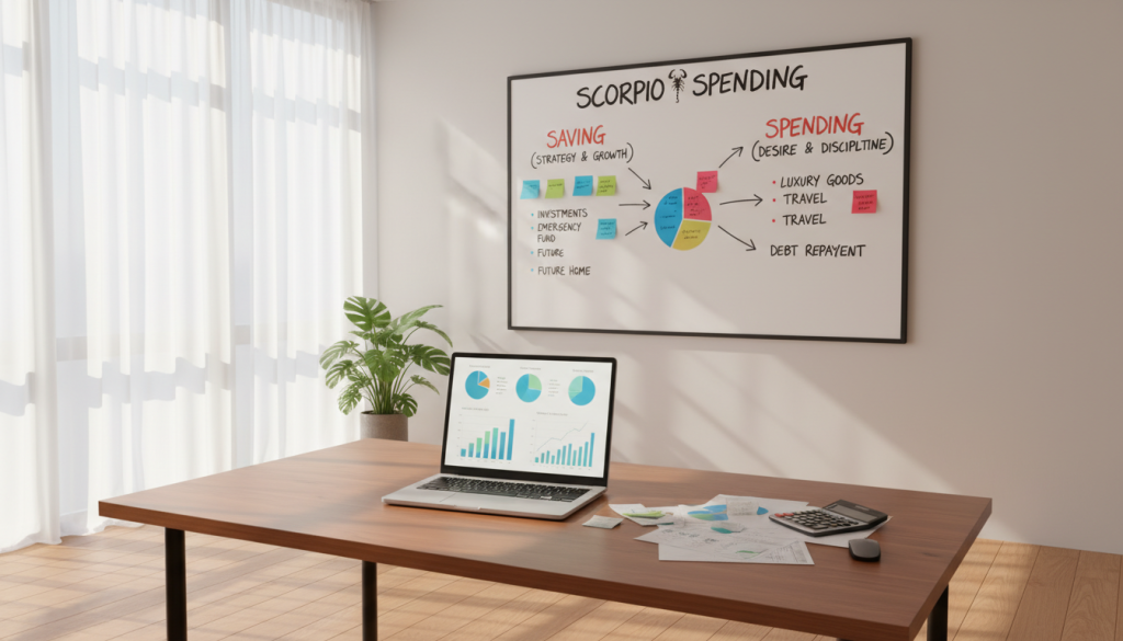 A modern financial analysis workspace showcasing the theme of "Scorpio Spending". In the foreground, a stylish wooden desk with a laptop displaying financial graphs and charts, alongside scattered documents and a calculator. A potted plant adds a touch of greenery. In the middle ground, a wall-mounted whiteboard filled with colorful notes and diagrams representing budgeting and spending strategies. The background features a large window with natural light streaming in, casting soft shadows across the room. The overall mood is professional yet relaxed, embodying a blend of analytical rigor and personal finance management, with a focus on the dual nature of saving versus spending. Use warm, inviting lighting, and a wide-angle perspective to create depth.