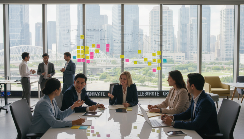 A modern office environment bustling with activity, showcasing a diverse group of professionals engaged in collaborative discussions and brainstorming sessions. In the foreground, a mixed-gender team of individuals in professional business attire animatedly exchanging ideas around a sleek conference table dotted with digital devices and notepads. The middle ground features a large whiteboard filled with colorful diagrams and post-it notes reflecting a dynamic transformation of organizational culture. The background reveals large windows letting in natural light, overlooking a vibrant cityscape that symbolizes growth and innovation. The atmosphere is one of inspiration and teamwork, emphasizing the importance of evolving workplace culture and nurturing talent. The image is bright and inviting, with a focus on teamwork and collaboration.