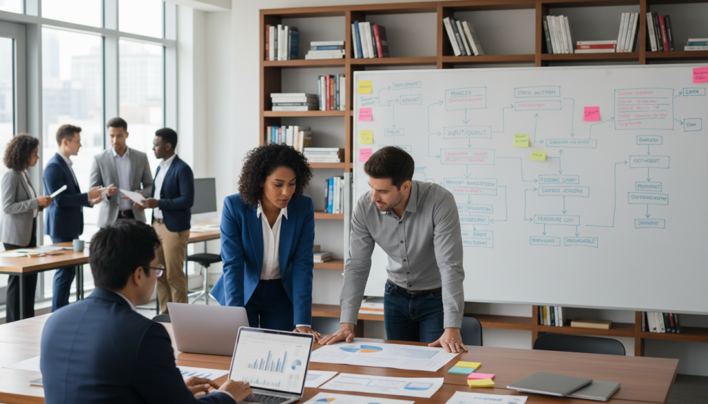 A modern office environment depicting a team of diverse professionals actively engaged in streamlining operational processes. In the foreground, a woman in business attire analyzes charts on a laptop, while a man in smart casual wear collaborates over documents spread out on a sleek table. The middle features a large whiteboard covered with flowcharts and diagrams illustrating workflow systems. In the background, shelves are filled with books on entrepreneurship and system management. Soft, natural lighting filters through large windows, creating a bright and inspiring atmosphere. The camera angle is slightly elevated, capturing the dynamic interaction between team members and emphasizing the importance of systematic operations in business success. The overall mood is focused, collaborative, and forward-looking.