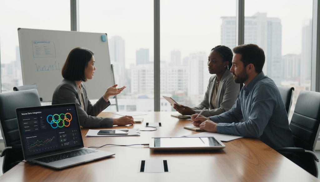 A modern office environment featuring a diverse group of three professionals, engaged in a collaborative discussion around a large, sleek table cluttered with digital devices and productivity tools. In the foreground, a laptop screen displays a secure data integration dashboard, with colorful graphs and analytics visualizations. The middle ground shows a team member, a woman in professional attire, pointing at the screen, while a man in a smart casual outfit takes notes. The background reveals large windows with a cityscape view and bright natural light streaming in, creating an energetic and inspiring atmosphere. Use soft, diffused lighting to enhance the professional and motivational mood, captured from a slightly elevated angle for depth.