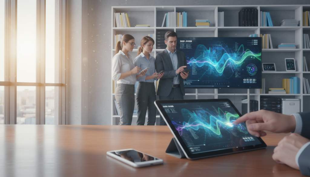 A modern office environment showcasing various mobile devices in use. In the foreground, a sleek smartphone and a tablet lie on a polished wooden desk, with a hand reaching for the tablet, emphasizing engagement. In the middle ground, a diverse group of professionals, dressed in smart business attire, are collaborating around a large screen displaying graphs and data analytics related to mobile data management. The background features shelves filled with neatly organized books and digital resources, suggesting knowledge and research. Soft, natural lighting filters through large windows, creating a bright and productive atmosphere. The image evokes a sense of focus and innovation, illustrating the integration of emotional patterns in technology and data management.