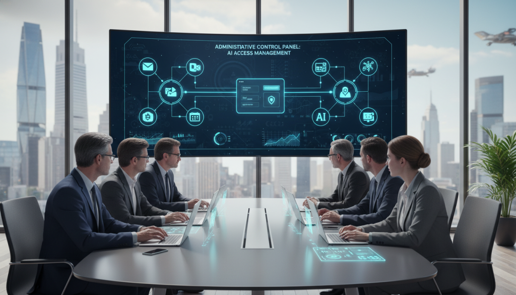 A modern office scene depicting administrative control over Google Workspace integration for artificial intelligence access. In the foreground, a diverse group of professionals dressed in business attire are engaged in a collaborative discussion around a sleek, high-tech conference table with laptops open and digital tablets displaying data analytics dashboards. In the middle ground, a large screen shows Google Workspace tools interconnected with AI applications, illustrating access management features. The background features a futuristic city view through large windows, bathed in natural light, highlighting a clean and organized workspace atmosphere. The image conveys a mood of innovation, collaboration, and responsibility in managing technology, with a focus on the importance of administrative control in leveraging AI effectively.