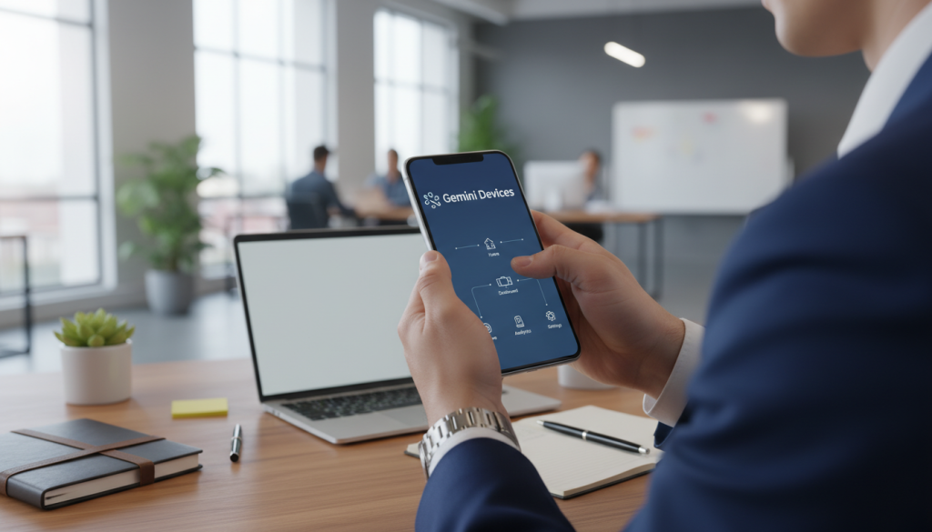 A modern smartphone displaying a sleek application interface labeled "Gemini Devices" prominently on its screen. The foreground features the phone, held by a well-dressed professional in business attire, demonstrating its user-friendly design. In the middle ground, a subtle workspace can be seen, including a stylish desk with a laptop, notebooks, and a small succulent plant, creating an organized and inviting atmosphere. The background showcases a softly lit office setting with large windows allowing natural light to stream in, enhancing the focus on the app. The overall mood is productive and inspiring, with a harmonious blend of technology and professionalism.