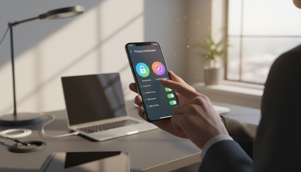A modern smartphone displaying a user-friendly app interface focused on managing permissions and location settings, featuring clear icons and vibrant colors. In the foreground, a hand in professional attire is interacting with the screen. The middle ground shows a softly blurred desk filled with tech gadgets like tablets and laptops, suggesting a workspace environment. In the background, sunlight filters through a window, casting gentle shadows that create a warm and inviting atmosphere. The scene feels organized and tech-savvy, evoking a sense of efficiency and professionalism. Use soft natural lighting to enhance the clarity of the app display, with a shallow depth of field to emphasize the hand and smartphone interaction effectively.