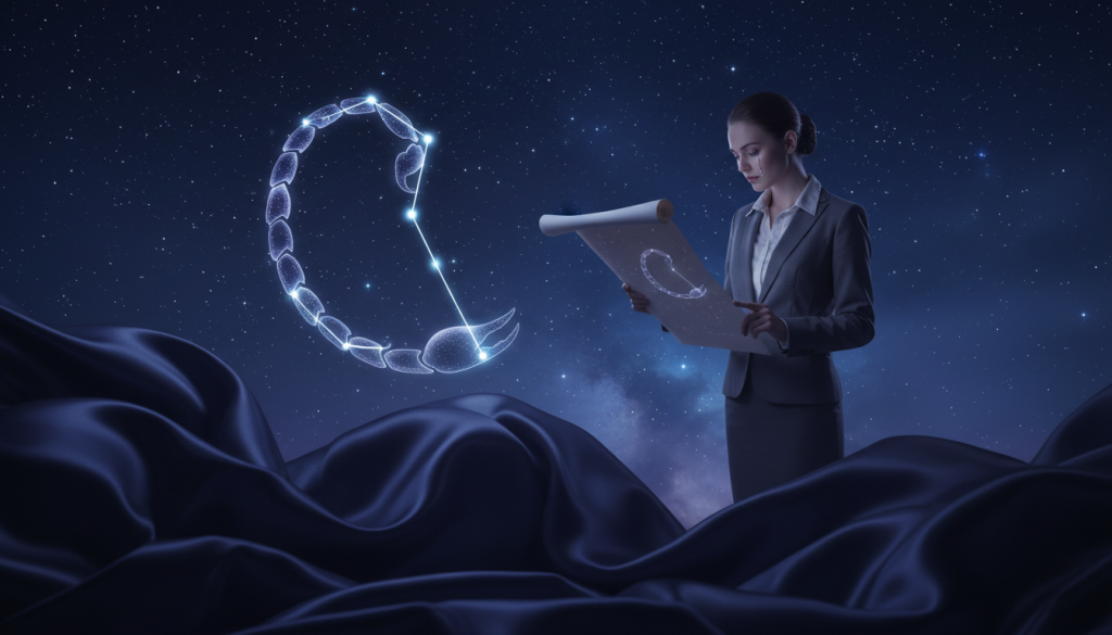 A mysterious Scorpio sign symbol, depicted as a glowing constellation in a twilight sky. In the foreground, dark, silken fabric cascades with subtle movement, embodying the envious nature of Scorpio. The middle ground features a serene but intense figure, dressed in professional business attire, gazing thoughtfully at a celestial map of stars shaped like a scorpion. The backdrop is a starry night with deep blues and purples, creating a moody, contemplative atmosphere. Soft, ethereal lighting highlights the contours of the figure’s face, casting gentle shadows that evoke a sense of introspection and depth. The overall composition exudes a feeling of jealousy intertwined with wisdom, emphasizing the complex emotions associated with Scorpio.