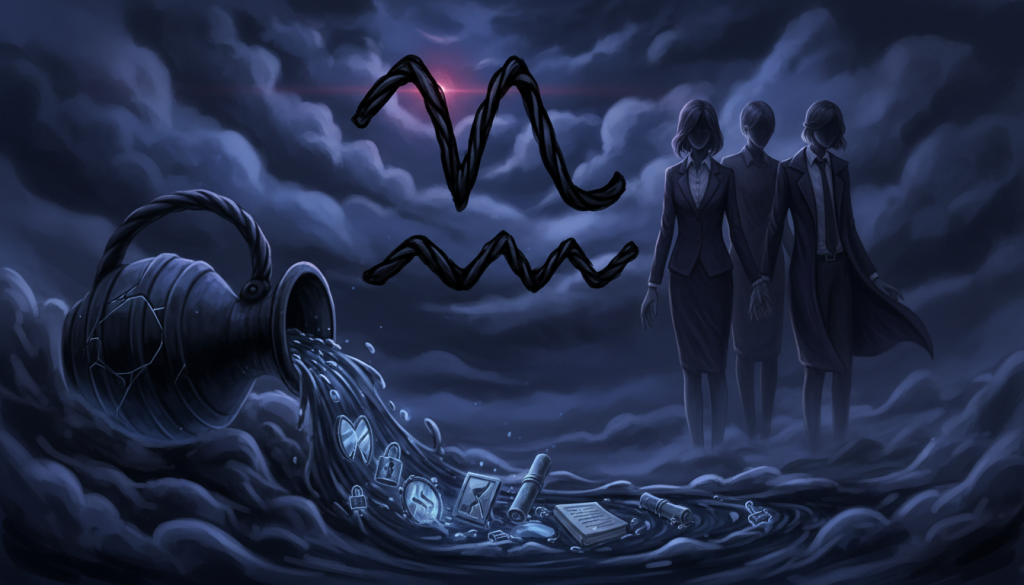 A mysterious and captivating illustration of the "dark side of Aquarius" symbol, portrayed as an intricate, shadowy version of the Aquarian glyph. In the foreground, a glowing water jug spills dark, swirling waters filled with hidden secrets. The middle ground features ethereal figures representing emotional turbulence and isolation, with faces partially obscured by shadows, dressed in modest, professional attire. In the background, a stormy night sky is illuminated by a faint, ominous light, creating a contrast between darkness and a hint of celestial glow. The atmosphere is tense yet intriguing, with deep blues and purples dominating the palette, suggesting the complexities of love and relationships. Soft, diffused lighting enhances the mysterious mood, while maintaining a sense of depth and intrigue.