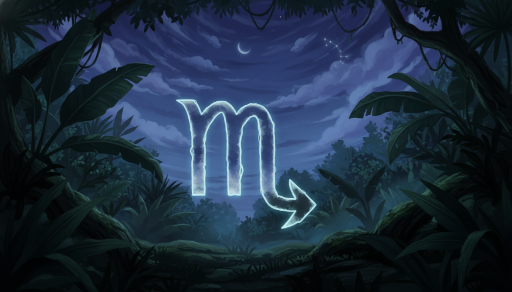A mystical Scorpio symbol representing intuition, set in a serene environment. In the foreground, a detailed silhouette of a scorpion blends with an ethereal glow that symbolizes instinct and protection. In the middle ground, lush, dark green foliage represents deep emotional landscapes, with hints of soft, diffused light filtering through the leaves, creating a tranquil yet alert ambiance. The background features a twilight sky, with deep purples and blues, hinting at the depths of the subconscious. The atmosphere is imbued with a sense of mystery and introspection, as if danger lurks just beyond perception. Soft shadows and gentle lighting evoke a feeling of calm, yet heightened awareness, inviting the viewer to explore their own intuition.