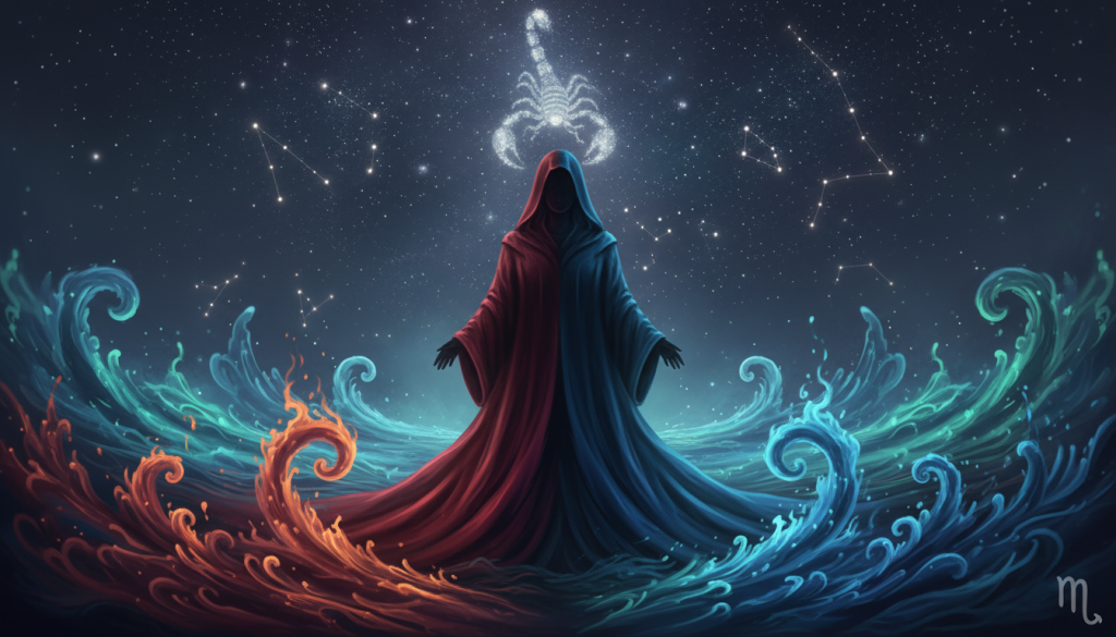 A mystical and emotional portrayal of Scorpio's essence, featuring a silhouette of a person draped in deep shades of crimson and midnight blue, symbolizing passion and depth. In the foreground, intricate patterns of water and fire elements swirl around, representing the element of water and the emotional intensity associated with Scorpio. The middle ground reveals a starry night sky shimmering with constellations, evoking a sense of mystery and curiosity. In the background, a distant silhouette of a scorpion can be faintly seen among the stars. The lighting is soft and ethereal, casting a gentle glow over the scene, creating a serene yet intriguing atmosphere. The image is captured from a slightly elevated angle, adding depth to the emotional landscape, inviting viewers to explore the complexities of Scorpio’s emotional world.