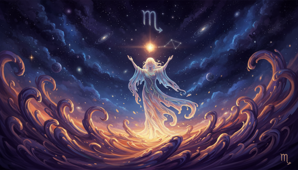 A mystical and vibrant representation of transformative energy, centered on the zodiac sign Scorpio. In the foreground, swirling patterns of deep purples and bright oranges flow together, symbolizing energy and change. In the middle, an ethereal figure stands, dressed in flowing attire that gently captures the essence of fluidity and rebirth, arms raised towards a glowing orb that radiates light. The background features a dark starry sky with hints of cosmic elements, creating an atmosphere filled with mystery and potential. Utilize soft, ambient lighting to enhance the dreamlike quality, with a slight focus on the figure. Capture the scene from a slightly elevated angle to convey a sense of awe and power, embodying the essence of Scorpio's transformative season. A mystical and vibrant representation of transformative energy, centered on the zodiac sign Scorpio. In the foreground, swirling patterns of deep purples and bright oranges flow together, symbolizing energy and change. In the middle, an ethereal figure stands, dressed in flowing attire that gently captures the essence of fluidity and rebirth, arms raised towards a glowing orb that radiates light. The background features a dark starry sky with hints of cosmic elements, creating an atmosphere filled with mystery and potential. Utilize soft, ambient lighting to enhance the dreamlike quality, with a slight focus on the figure. Capture the scene from a slightly elevated angle to convey a sense of awe and power, embodying the essence of Scorpio's transformative season.