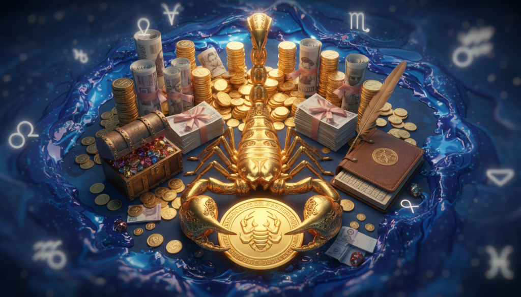 A mystical representation of Scorpio's financial nature: in the foreground, an intricately designed scorpion made of shimmering gold, symbolizing wealth and ambition. In the middle, a prosperous business setting with elegant piles of coins and stacks of currency, illuminated by soft, warm lighting to create an inviting and powerful atmosphere. The background features a flowing, deep blue liquid representing intuition and emotions, while abstract symbols of astrology swirl subtly. Use a slight angle from above to emphasize the scorpion's dominance in the scene, with a blurred focus on the edges to draw attention to the center. The overall mood is one of determination and prosperity, encapsulating Scorpio's natural financial strategies.