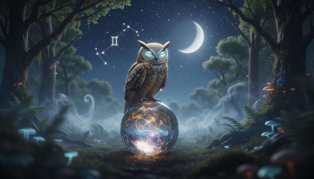 A mystical representation of intuition, featuring a wise owl perched on a shimmering crystal ball in the foreground, surrounded by softly glowing ethereal light. The middle layer includes a lush forest backdrop, with intricate foliage and subtle, swirling mists that add an air of mystery. In the background, a starry night sky sparkles, with constellations subtly hinting at Gemini, embodying the duality of intuition. The scene is illuminated by soft moonlight, casting gentle shadows and enhancing the tranquil atmosphere. Use a shallow depth of field to create a dreamy effect, emphasizing the owl and crystal ball while softening the details in the background. The overall mood should be serene, encouraging reflection and exploration of inner wisdom. A mystical representation of intuition, featuring a wise owl perched on a shimmering crystal ball in the foreground, surrounded by softly glowing ethereal light. The middle layer includes a lush forest backdrop, with intricate foliage and subtle, swirling mists that add an air of mystery. In the background, a starry night sky sparkles, with constellations subtly hinting at Gemini, embodying the duality of intuition. The scene is illuminated by soft moonlight, casting gentle shadows and enhancing the tranquil atmosphere. Use a shallow depth of field to create a dreamy effect, emphasizing the owl and crystal ball while softening the details in the background. The overall mood should be serene, encouraging reflection and exploration of inner wisdom.