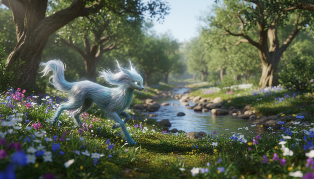 A mystical representation of the Gemini spirit animal, captured in a serene forest setting. In the foreground, a graceful and ethereal creature, symbolizing duality, with shimmering silver and blue fur, is positioned playfully amidst vibrant, blooming wildflowers. Its eyes reflect curiosity and wisdom, illuminated by soft, dappled sunlight filtering through the trees above. In the middle ground, a gentle stream flows, mirroring the dual nature of Gemini, with smooth stones lining the water's edge. The background features a lush, verdant landscape under a clear, bright sky, suggesting harmony between nature and spirit. The overall mood is enchanting and tranquil, inviting viewers to explore the essence of the Gemini totem in a reflective, harmonious atmosphere. Use a soft focus lens to emphasize the dreamlike quality of the scene. A mystical representation of the Gemini spirit animal, captured in a serene forest setting. In the foreground, a graceful and ethereal creature, symbolizing duality, with shimmering silver and blue fur, is positioned playfully amidst vibrant, blooming wildflowers. Its eyes reflect curiosity and wisdom, illuminated by soft, dappled sunlight filtering through the trees above. In the middle ground, a gentle stream flows, mirroring the dual nature of Gemini, with smooth stones lining the water's edge. The background features a lush, verdant landscape under a clear, bright sky, suggesting harmony between nature and spirit. The overall mood is enchanting and tranquil, inviting viewers to explore the essence of the Gemini totem in a reflective, harmonious atmosphere. Use a soft focus lens to emphasize the dreamlike quality of the scene.