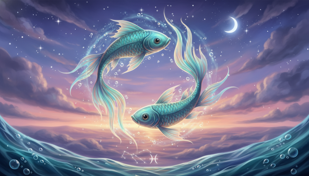 A mystical representation of the Pisces zodiac sign, portrayed as two graceful fish swimming in harmony. In the foreground, the fish should be vividly colored in shades of turquoise and soft gold, with glistening scales reflecting light. The middle ground features flowing water currents and ethereal bubbles, creating a sense of movement and tranquility. In the background, a soft, dreamy sky at twilight, blending hues of purple and pink, adds depth to the scene. Utilize soft, diffuse lighting to enhance the serene atmosphere, capturing the fluidity and emotional depth associated with Pisces. The overall mood should evoke introspection and connection to one's ambitions, seamlessly merging the beauty of the zodiac with the theme of aspiration. Ensure the composition remains balanced, inviting reflection without distractions.