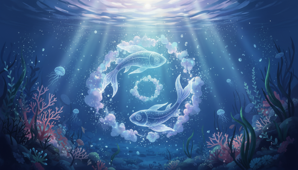 A mystical representation of the Pisces zodiac symbol, featuring two graceful fish swimming in a gentle, flowing motion. In the foreground, the fish are entwined, surrounded by shimmering droplets of light that reflect a vibrant palette of deep blues and soft purples, symbolizing water's essence. The middle ground features a serene underwater scene with delicate coral and soft seaweed swaying, enhancing the fluidity of the composition. The background is a tranquil twilight ambiance, with rays of subtle light penetrating the water surface above, creating an ethereal glow. The overall mood is dreamy and contemplative, evoking a sense of introspection and emotional depth, harmonious with the nature of Pisces. Use soft, diffused lighting to enhance the mystical quality, and a wide-angle lens perspective to capture the enchanting underwater world.