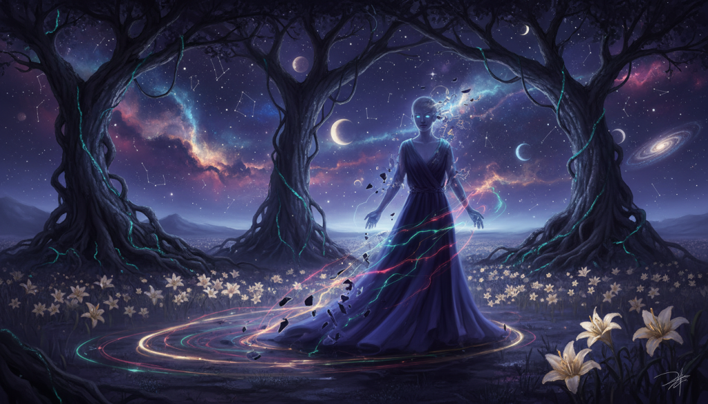 A mystical representation of the "nature of the Scorpionic soul," set in a surreal landscape. In the foreground, an ethereal figure in modest, flowing garments embodies transformation, surrounded by swirling shadows and vibrant colors symbolizing past lives. The middle ground features ancient trees with deep, twisting roots, merging into a patch of luminous flowers that pulse with energies. In the background, a starry night sky filled with celestial bodies and cosmic patterns illuminates the scene, enhancing a feeling of depth and introspection. The lighting is soft and dreamlike, with hints of purple and deep blue hues, creating a meditative atmosphere. The scene captures the essence of rebirth and mystery, inviting viewers to explore the depths of the soul's journey.