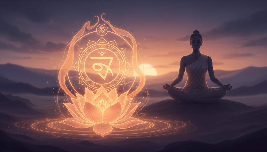 A mystical representation of the sacral chakra, radiating vibrant orange hues, symbolizing emotional intensity and creativity. In the foreground, an elegant lotus flower with delicate petals, surrounded by swirling energy waves, blends seamlessly into the chakra symbol, intricately designed with flowing lines and patterns. The middle ground features a serene silhouette of a person in a meditative pose, dressed in modest, flowing clothing, harmonizing with the chakra's energy. The background showcases an ethereal landscape of soft gradients blending from warm oranges to deep violets, evoking a sense of tranquility and emotional balance. Soft, ambient lighting enhances the glowing essence of the sacral chakra, creating an inviting and harmonious atmosphere, inspiring emotional depth and connection. A mystical representation of the sacral chakra, radiating vibrant orange hues, symbolizing emotional intensity and creativity. In the foreground, an elegant lotus flower with delicate petals, surrounded by swirling energy waves, blends seamlessly into the chakra symbol, intricately designed with flowing lines and patterns. The middle ground features a serene silhouette of a person in a meditative pose, dressed in modest, flowing clothing, harmonizing with the chakra's energy. The background showcases an ethereal landscape of soft gradients blending from warm oranges to deep violets, evoking a sense of tranquility and emotional balance. Soft, ambient lighting enhances the glowing essence of the sacral chakra, creating an inviting and harmonious atmosphere, inspiring emotional depth and connection.