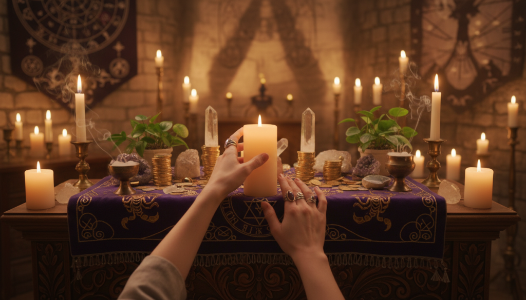 A mystical ritual scene set in a candlelit room, featuring an ornate altar adorned with vibrant Scorpio symbols and prosperity items like coins, crystals, and plants. In the foreground, a pair of hands, wearing elegant rings and simple attire, is actively placing a candle onto the altar, with a faint glow lighting their skin. The middle ground showcases the altar, rich in colors, surrounded by softly flickering candles and intricate incense holders, releasing wisps of fragrant smoke. In the background, shadows cast by the candlelight dance on the walls, creating an ethereal atmosphere. The mood is serene and focused, hinting at the transformative energy of prosperity rituals. Soft, warm lighting enhances the sacred ambiance, lending a sense of mystery and depth to the scene.