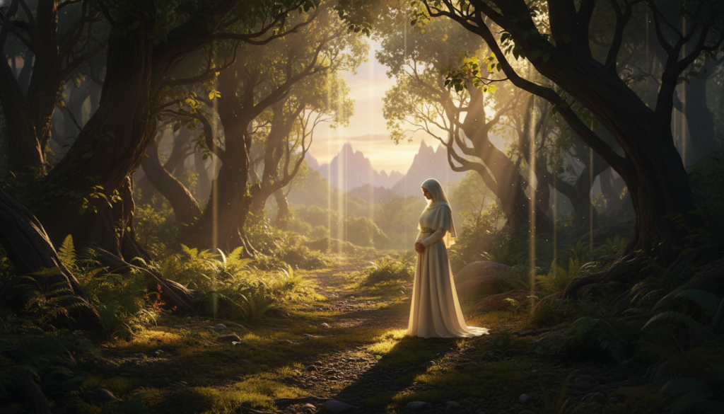 A mystical scene capturing the integration of light and shadow, with a lush forest setting. In the foreground, a figure dressed in elegant, modest attire stands on a sun-dappled path, embodying tranquility and introspection. The middle ground showcases a blend of bright sunlight filtering through the leaves and soft, contrasting shadows on the ground, symbolizing harmony between opposing forces. Enigmatic silhouettes of trees and rich greenery create a sense of depth, while ethereal light beams pierce through, evoking spiritual awakening. The background reveals a serene, softly blurred landscape, hinting at distant mountains under a golden sky at dusk, enhancing the image's contemplative atmosphere. Emphasize warm lighting that evokes feelings of peace and connection with the universe.