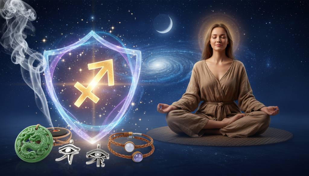 A mystical scene depicting a Sagittarius symbol, surrounded by ethereal energies representing spiritual protection. In the foreground, the Sagittarius glyph is prominently featured, glowing with golden light. Surrounding it are elements like protective amulets, incense smoke, and twinkling stars. In the middle ground, a serene figure meditates, dressed in modest casual clothing, radiating calm and focus. The background features a night sky filled with a galaxy of stars and a crescent moon, casting a soft, enchanting glow over the scene. The atmosphere is tranquil and mystical, evoking a sense of peace and spiritual safeguarding. The lighting is soft and ambient, emphasizing the aura of protection and spirituality. The scene captures the essence of spiritual strategies for the Sagittarius sign, inviting viewers into a world of celestial safety.