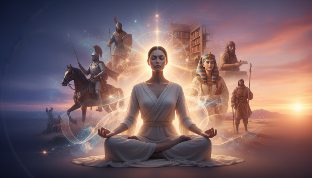A mystical scene depicting the concept of past lives, with an ethereal figure in modest, flowing robes meditating at the forefront. Their serene expression reflects wisdom and introspection, with soft light illuminating their face. In the middle ground, faded images of various historical figures and landscapes intertwine, representing different eras and lessons learned. The background showcases a gradient sky transitioning from twilight to dawn, symbolizing the journey of the soul. Wisps of energy and swirling colors connect the figure with their pasts, creating a dreamlike atmosphere. The lighting is soft and warm, with gentle lens flares adding to the mystical quality. The overall mood is contemplative and insightful, inviting viewers to reflect on karmic lessons and the evolution of the soul.