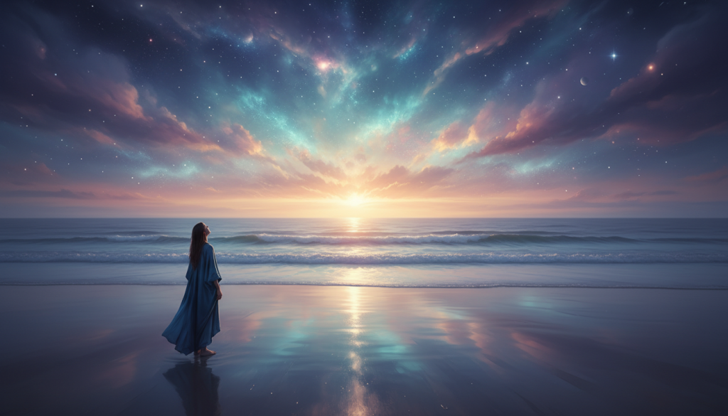 A mystical scene representing "Neptunian Intuition," featuring a serene, celestial landscape. In the foreground, a figure in modest, flowing attire stands at the edge of a tranquil ocean, gazing towards the horizon where the sun sets, casting golden and purple hues across the sky. The middle ground showcases gentle waves, shimmering with ethereal light, leading to a luminous, out-of-focus nebula above. The background is filled with soft, dreamlike clouds blending into the cosmos, dotted with twinkling stars. The atmosphere is one of introspection and spiritual awakening, invoking feelings of peace and enlightenment. Use soft, diffused lighting to enhance the mystical quality, with a wide angle to capture the vastness of the scene.