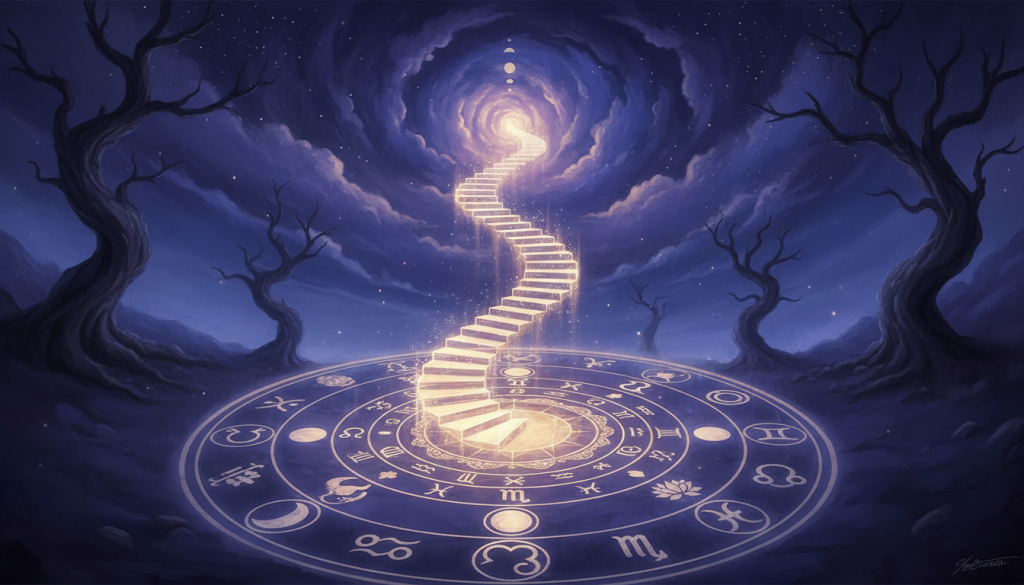 A mystical scene representing karmic lessons, featuring a circular mandala design in the foreground, intricately decorated with symbols of astrology and reincarnation. In the middle, a spiral staircase made of shimmering light leads upward, signifying the journey of self-discovery and the ascent of the soul. Soft ethereal colors, primarily deep purples and blues, envelop the entire scene, complemented by gentle golden rays breaking through the clouds above, creating a serene yet enlightening atmosphere. The background reveals silhouettes of ancient trees and starry skies, hinting at the vast cosmic connection. The composition should evoke a sense of introspection and spiritual awakening, inviting viewers to reflect on the paths they have walked in their past lives and the karmic lessons learned. The lighting should be soft and diffused, capturing a dreamlike quality.