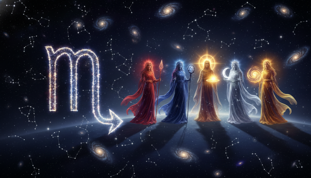 A mystical scene representing the planetary rulers of Scorpio, showcasing a celestial meeting. In the foreground, a radiant Scorpio symbol with glimmering stars surrounding it, reflecting the deep nature of transformation and power. In the middle ground, five planetary figures—Mars, Pluto, the Sun, Moon, and Jupiter—depicted as ethereal beings in flowing robes, each illuminating their unique energy and color: red for Mars, deep blue for Pluto, golden sunlight for the Sun, soft silver for the Moon, and vibrant yellow for Jupiter. In the background, a cosmic landscape filled with swirling galaxies and shimmering constellations, creating a serene yet powerful atmosphere. The lighting is soft and mystical, casting gentle shadows, and the angle is slightly tilted to create a dynamic perspective. The mood evokes a sense of wonder and introspection, ideal for exploring spiritual purpose.