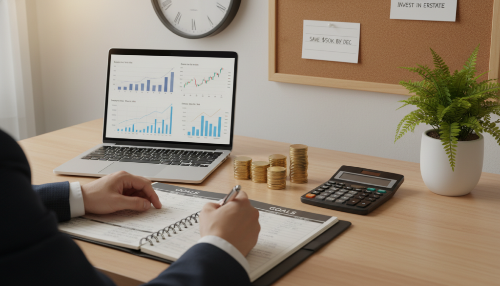 A neatly organized workspace featuring a modern desk with financial documents, a laptop displaying graphs, and a potted plant for a touch of nature. In the foreground, a pair of hands in professional business attire is seen writing in a planner, symbolizing discipline and order in financial planning. In the middle, stacks of coins and a calculator are arranged meticulously, showcasing effective financial management. The background displays a wall clock indicating time management and a bulletin board with financial goals. The lighting is soft and warm, creating a calm and focused atmosphere. Capture the scene from a slightly elevated angle to emphasize the orderliness of the workspace while exuding a sense of peace and productivity.