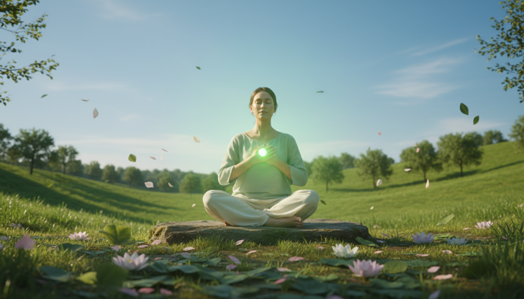 A peaceful and harmonious scene depicting the heart chakra, represented by a glowing green orb radiating soft light. In the foreground, gently swirling leaves and delicate flowers symbolize balance and love. In the middle ground, a serene figure in modest, casual clothing meditates with hands on their heart, surrounded by a faint aura that mirrors the green light of the chakra. The background features a tranquil landscape of rolling hills and a clear blue sky, enhancing the feeling of balance and connection to nature. Soft sunlight filters through the leaves, casting a warm glow. The overall mood is calming and uplifting, inviting a sense of inner peace and alignment.