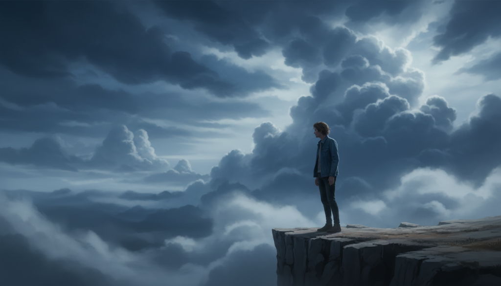 A person standing at the edge of a cliff, gazing into a vast, cloudy sky that symbolizes uncertainty and fear. In the foreground, a figure in modest casual clothing, with a pensive expression, embodies the struggle with commitment. The middle layer features a swirling mist that represents emotional turmoil, while dark, looming clouds fill the background, suggesting a sense of foreboding. The overall color palette leans towards cool tones like blues and grays, enhancing the mood of introspection. Soft, diffused lighting casts gentle shadows, emphasizing the figure's facial features and posture. The angle is slightly below eye level to create a dramatic perspective, capturing the weight of emotional challenges associated with fear of commitment.