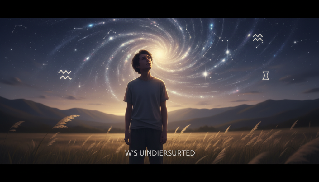 A person stands in a serene, open landscape, looking contemplative under a vivid starry night sky, symbolizing the theme of feeling misunderstood. In the foreground, they are dressed in modest casual clothing, with a slight frown that reflects their internal struggle. In the middle ground, a gentle breeze sways calming wild grasses, embodying the connection to nature. The sky is filled with swirling galaxies and bright constellations, representing the Aquarius energy. Soft moonlight casts a warm glow, creating a contrasting shadow across the person’s face, enhancing the mood of introspection and vulnerability. The focus is sharp on the figure, blurring the distant mountains lightly to evoke a sense of depth and solitude. The atmosphere is tranquil yet filled with emotion, inviting viewers to resonate with the feelings of apprehension and the quest for understanding. A person stands in a serene, open landscape, looking contemplative under a vivid starry night sky, symbolizing the theme of feeling misunderstood. In the foreground, they are dressed in modest casual clothing, with a slight frown that reflects their internal struggle. In the middle ground, a gentle breeze sways calming wild grasses, embodying the connection to nature. The sky is filled with swirling galaxies and bright constellations, representing the Aquarius energy. Soft moonlight casts a warm glow, creating a contrasting shadow across the person’s face, enhancing the mood of introspection and vulnerability. The focus is sharp on the figure, blurring the distant mountains lightly to evoke a sense of depth and solitude. The atmosphere is tranquil yet filled with emotion, inviting viewers to resonate with the feelings of apprehension and the quest for understanding.