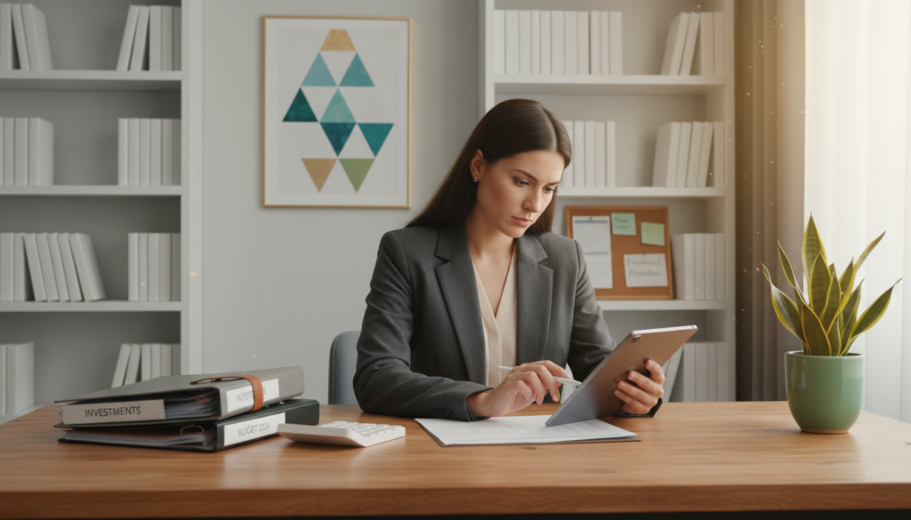 A polished Virgo setting depicting a workspace with an organized desk, featuring a modern calculator, neatly stacked financial documents, and a potted plant, embodying perfectionism in personal finances. The foreground shows a confident, professional woman in business attire reviewing budgets, with a determined expression, symbolizing meticulous financial planning. In the middle, the desk is illuminated by warm, natural light coming from a nearby window, highlighting the details of the workspace and creating a cozy atmosphere. The background features a minimalist home office, with shelves of neatly arranged books and a framed artwork that represents balance and order. The overall mood is focused and inspiring, encouraging responsible financial behavior and the beauty of organization. A polished Virgo setting depicting a workspace with an organized desk, featuring a modern calculator, neatly stacked financial documents, and a potted plant, embodying perfectionism in personal finances. The foreground shows a confident, professional woman in business attire reviewing budgets, with a determined expression, symbolizing meticulous financial planning. In the middle, the desk is illuminated by warm, natural light coming from a nearby window, highlighting the details of the workspace and creating a cozy atmosphere. The background features a minimalist home office, with shelves of neatly arranged books and a framed artwork that represents balance and order. The overall mood is focused and inspiring, encouraging responsible financial behavior and the beauty of organization.