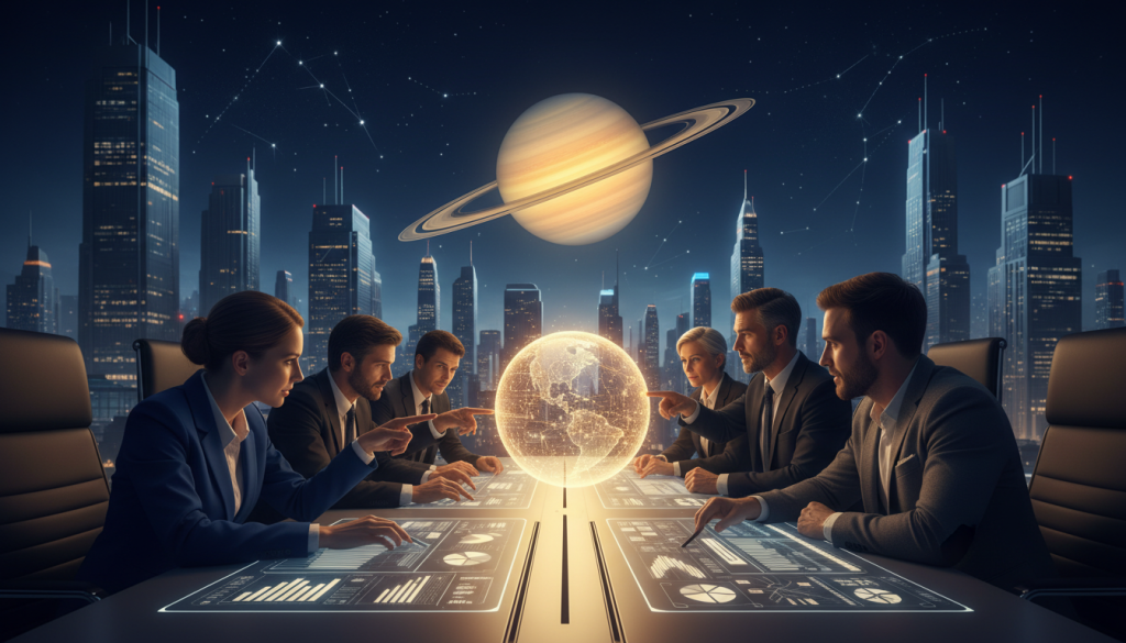 A powerful and inspiring image depicting the influence of Saturn on project management and economic growth. In the foreground, a diverse group of professional individuals in business attire, collaborating over blueprints and digital tablets, showcasing their innovative ideas. The middle ground features a large, translucent Saturn central to the group's focus, symbolizing structure and discipline. Rich colors with deep blues and golds to evoke a sense of opportunity and prosperity. In the background, a skyline of modern buildings representing progress and ambitious projects under a starry sky illuminated by a glowing Saturn, casting soft shadows. The atmosphere is motivational and professional, encouraging growth and success. Use warm lighting to create an inviting feel, with a slightly angled view to enhance depth and engagement.