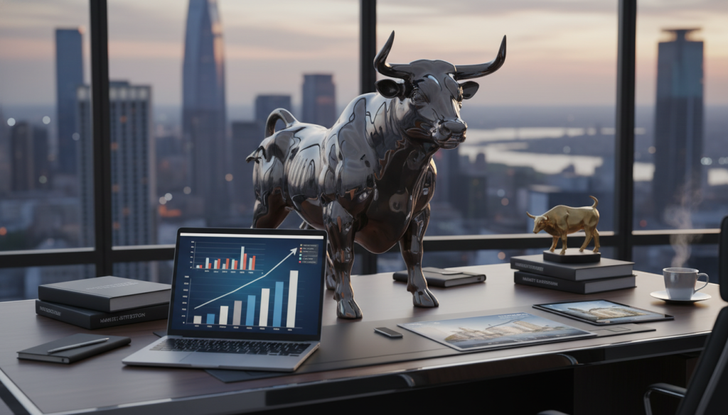 A powerful depiction of the Taurus zodiac sign, featuring the strong, determined bull as the central figure in a sleek, modern office environment. In the foreground, the bull is stylized with a glossy finish, exuding confidence and strength. Surrounding it, a series of professional items such as a laptop, charts, and business plan documents symbolize entrepreneurship and business development. The middle ground includes a stylish desk adorned with elegant decor, reflecting the luxury and practicality associated with Taurus. The background reveals a panoramic office view of a bustling city skyline, symbolizing growth and opportunity. Soft, warm lighting highlights the scene, creating an inviting yet ambitious atmosphere. Capture the essence of Taurus as a steadfast and dependable sign in business.