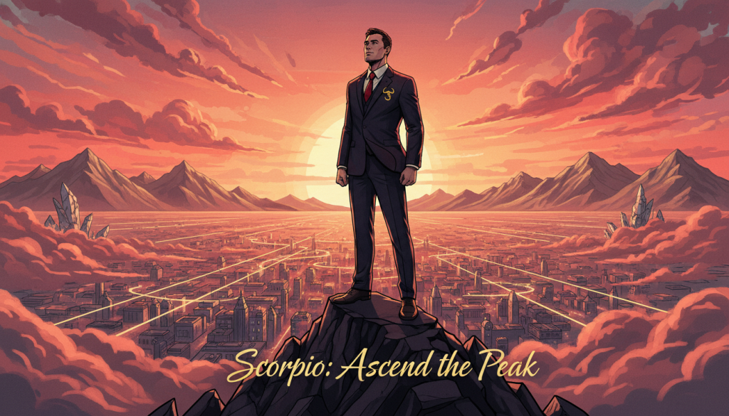 A powerful illustration depicting the essence of Scorpio’s ambition and determination in overcoming challenges. In the foreground, a determined individual wearing professional business attire stands confidently atop a mountain peak, gazing at a sprawling landscape below, representing vast opportunities. The middle ground showcases a sunset sky, with dramatic pink and orange hues that reflect the intensity and passion of ambition. In the background, distant mountains symbolize hurdles that have been conquered. The lighting is warm and inviting, highlighting the subject’s strong posture and focused expression. The mood is one of achievement and aspiration, capturing the essence of resilience and the transformative power of ambition. The overall composition is dynamic, inspiring, and visually striking, inviting the viewer to reflect on their own capacity for overcoming obstacles.