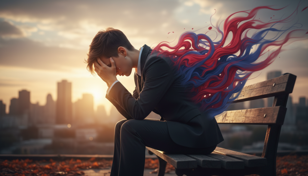 A powerful visual representation of emotional instability in the face of loss. In the foreground, a figure in professional business attire sits on a bench, head in hands, conveying deep contemplation and sadness. The individual is androgynous, suggesting universality in emotional experience. The middle ground features blurred silhouettes of vibrant, abstract shapes symbolizing chaotic emotions—swirls of red and blue representing anger and sorrow. In the background, a hazy city skyline bathed in soft, golden sunset light creates a contrast between hope and despair. Use a shallow depth of field to focus on the figure, with warm, gentle lighting illuminating their expression. The overall mood is both somber and reflective, capturing the complexity of coping with emotional upheaval.