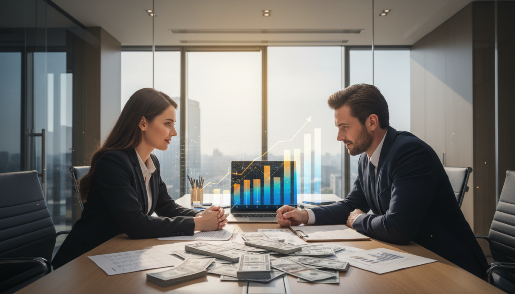 A professional business setting showcasing two individuals, a man and a woman, dressed in formal attire, engaged in a serious discussion over a table filled with business documents and a laptop. The foreground emphasizes their focused expressions and body language conveying trust and loyalty. In the middle ground, stacks of cash and financial symbols like graphs and charts symbolize prosperity and shared business success. The background features a modern office environment with large windows allowing natural light to pour in, creating a bright atmosphere. The overall mood conveys professionalism, collaboration, and the importance of loyalty in shared finances, emphasizing a balanced partnership.