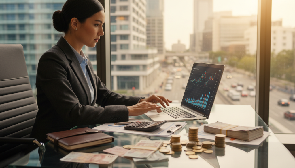 A professional financial advisor sitting at a sleek, modern desk, analyzing various currency exchange charts and graphs on a laptop. In the foreground, colorful stacks of British pound banknotes and coins are neatly arranged. The middle section features the advisor, dressed in a tailored business suit, focusing thoughtfully on the screen, with financial documents and a calculator scattered around. In the background, a large window offers a view of a bustling city skyline, with soft sunlight illuminating the workspace to create an optimistic atmosphere. The image should have a clean, well-lit aesthetic using a warm color palette, evoking a mood of professionalism and financial savvy, captured in a sharp focus with a slight depth of field to highlight the foreground elements.