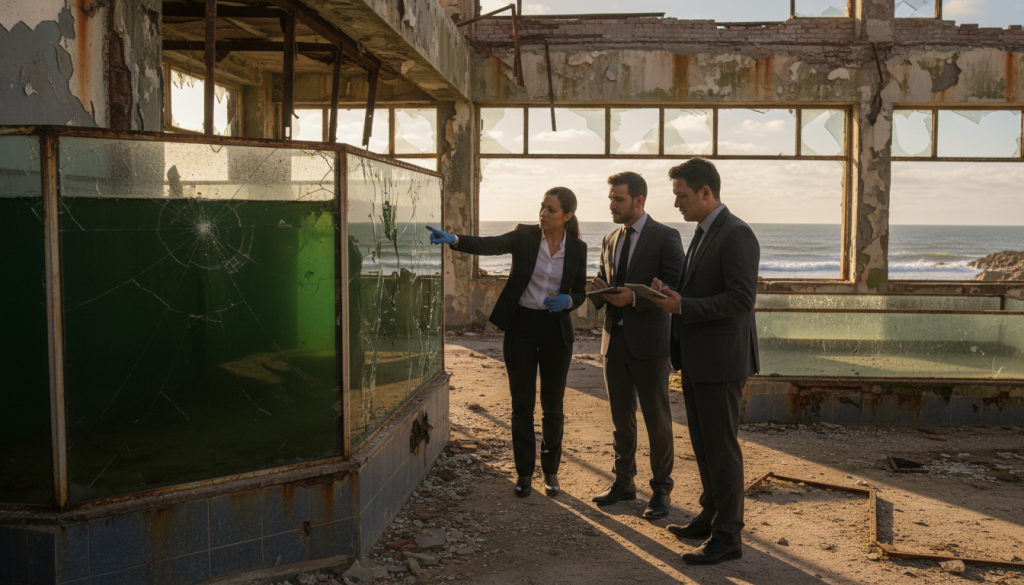 A professional legal team conducting an ocular inspection at an abandoned aquarium in Mar del Plata. In the foreground, a diverse group of three individuals in business attire, including a woman pointing towards a large, partially submerged tank, examining its condition. In the middle ground, the dilapidated aquarium structure, showcasing cracked glass and rusted metal, hinting at neglect. Sunlight filters through broken windows, creating dramatic shadows and highlighting the decay. The background features a view of the ocean, with distant waves softly crashing against the shore, adding to the somber atmosphere. The mood is serious and contemplative, emphasizing the importance of civic responsibility and environmental concern. The image is captured at a slight upward angle with warm, natural lighting that evokes a sense of urgency and reflection.